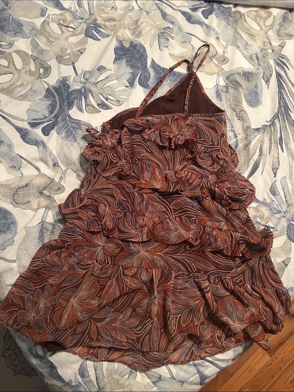 MOVING SALE Olivaceous One-Shoulder Ruffle Dress in Rust Floral - Picture 4 of 4